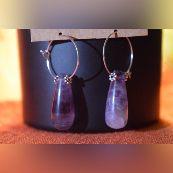 Handmade Amethyst Raindrop Hoop Earrings - All NATURAL Gemstones - Nickel Free - Picture 3 of 4